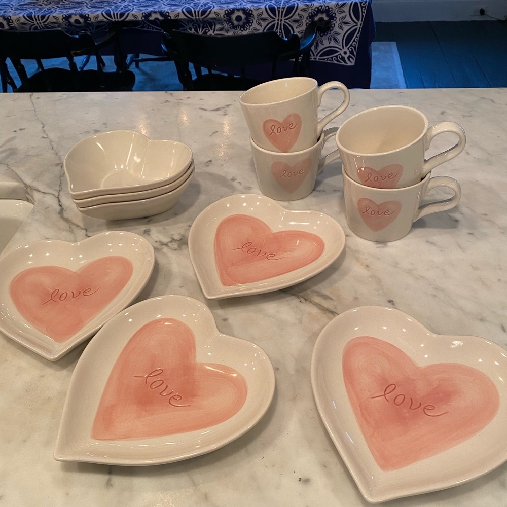 Pottery Barn Heart-Shaped Pink Love Plate, Bowl and Mug set